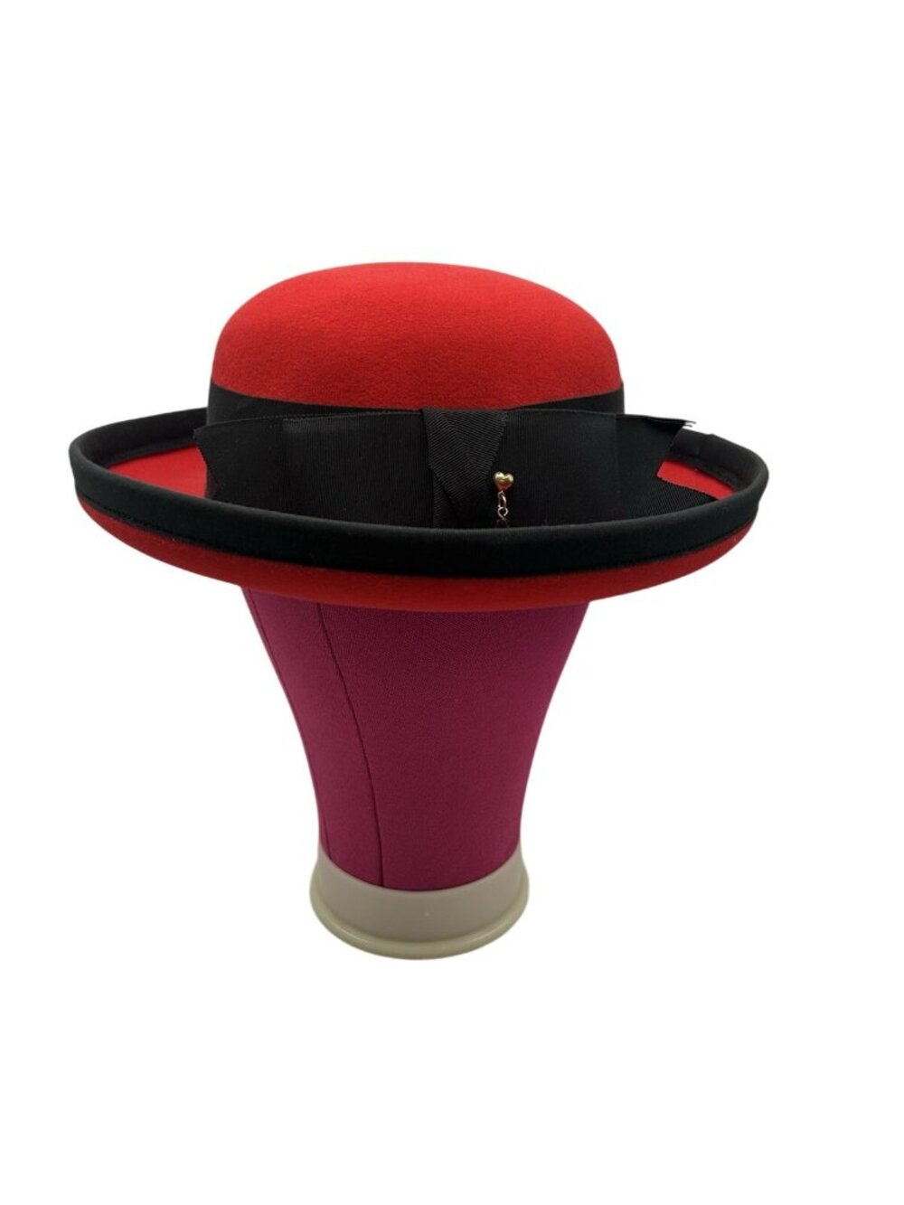 Vintage Adolfo II Red Wool Felt Hat Black Bow Heart Charm USA Excello Chic Style - Picture 12 of 16